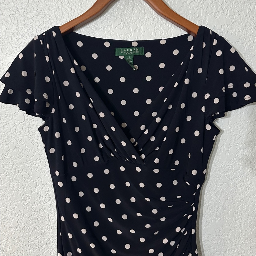 Lauren Ralph Lauren Polka‎ Dot Ruched Waist Ruffle Sleeves Stretch Size 4 - Picture 2 of 12